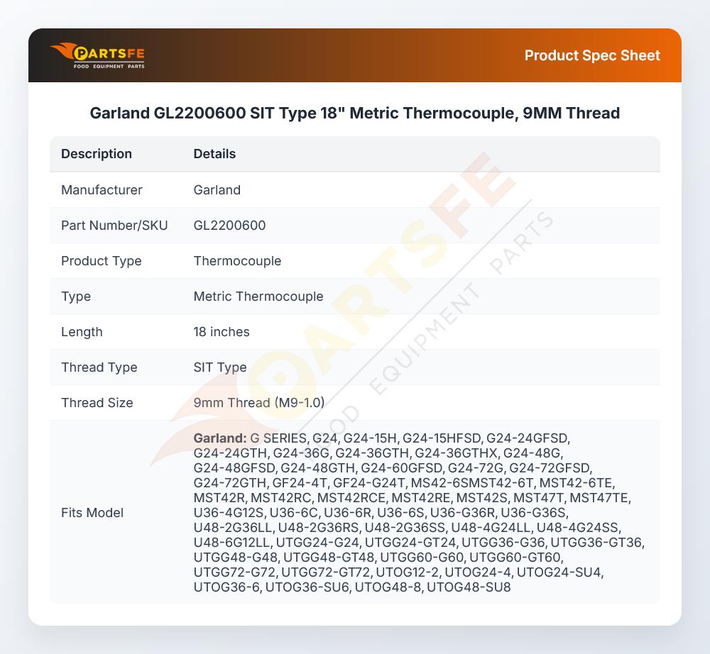 Garland GL2200600 SIT Type 18" Metric Thermocouple, 9MM Thread