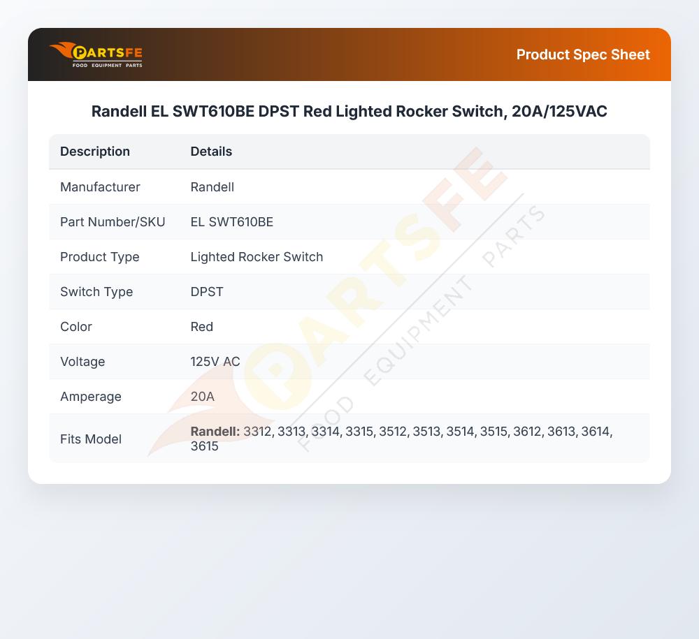 Randell EL SWT610BE Rocker Switch Red Lighted DPST 20A 125 VAC