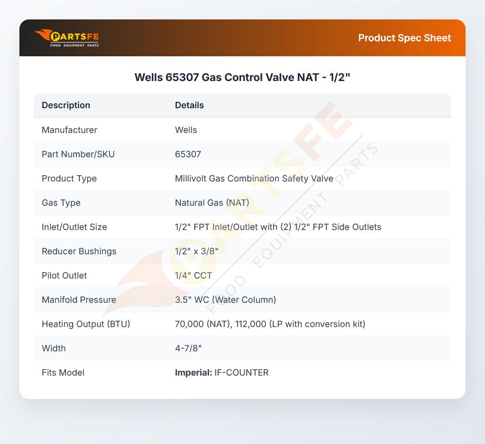 Wells 65307 Gas Control Valve 1/2" NAT