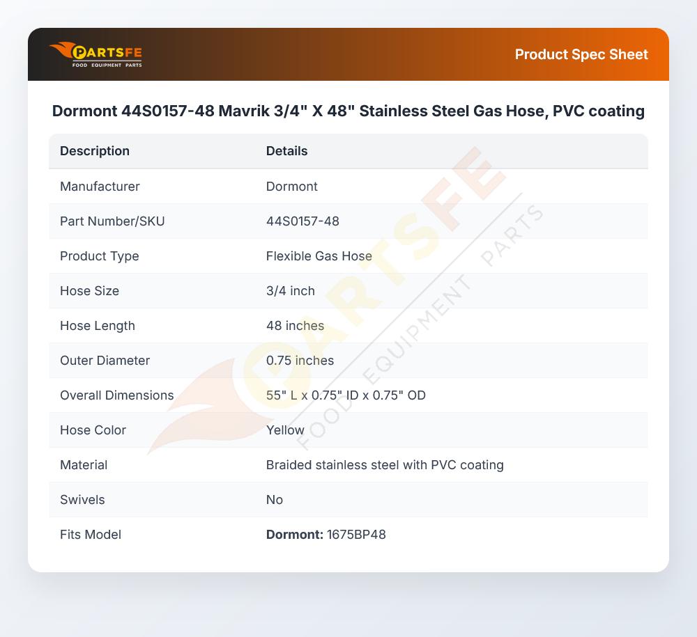 Dormont 44S0157-48 Mavrik 3/4" X 48" Stainless Steel Gas Hose, PVC coating