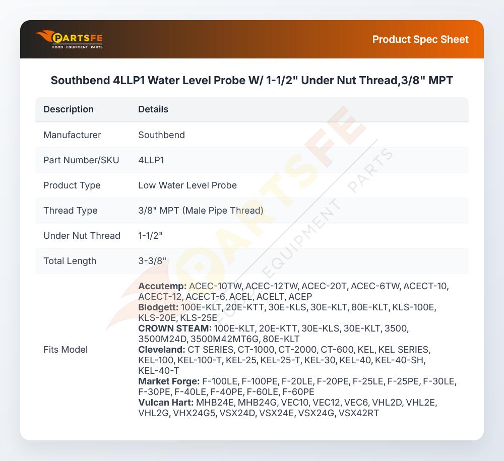 Southbend 4LLP1 Water Level Probe W/ 1-1/2" Under Nut Thread,3/8" MPT