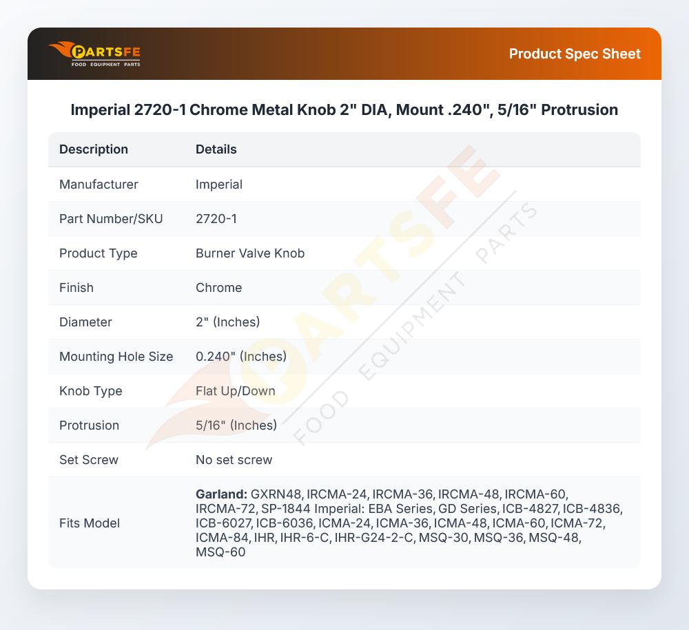 Imperial 2720-1 Chrome Metal Knob 2" DIA, Mount .240", 5/16" Protrusion