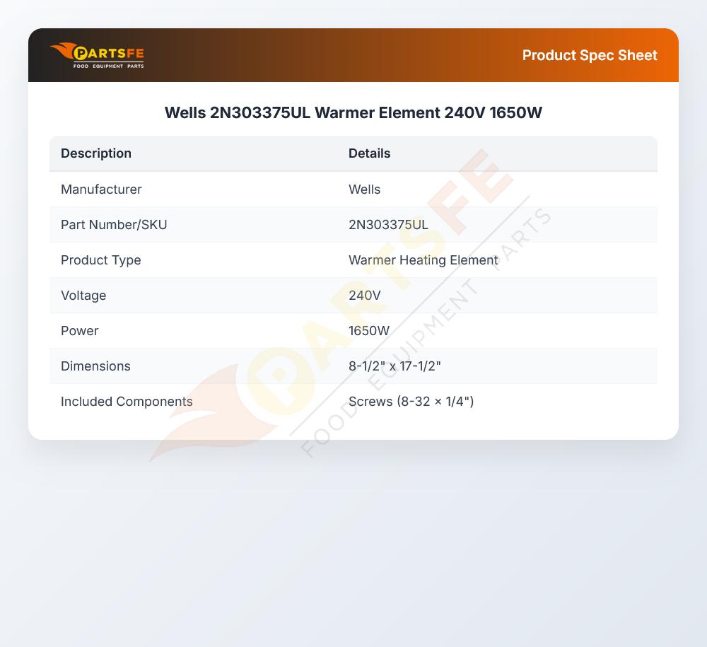 Wells 2N303375UL Warmer Element 240V 1650W