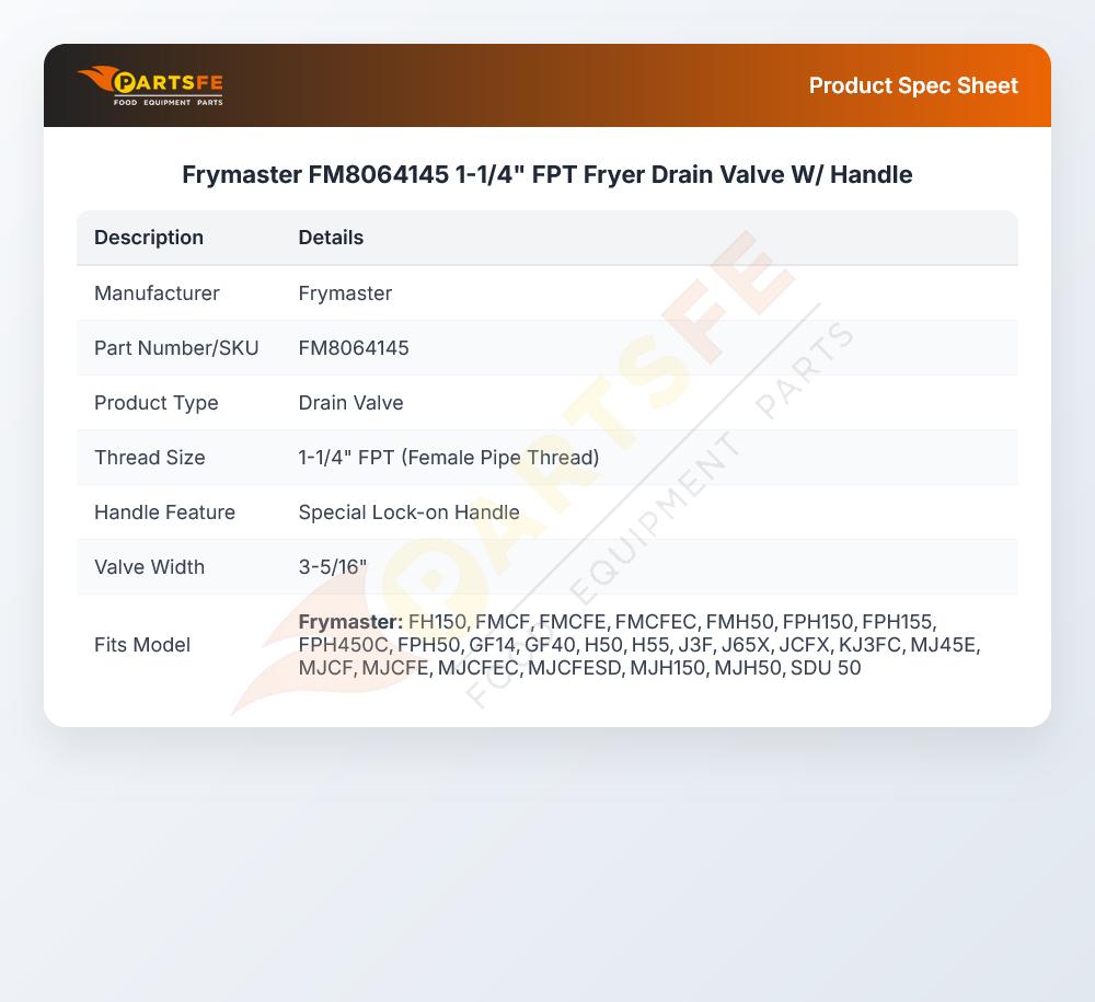Frymaster FM8064145 1-1/4" FPT Fryer Drain Valve W/ Handle