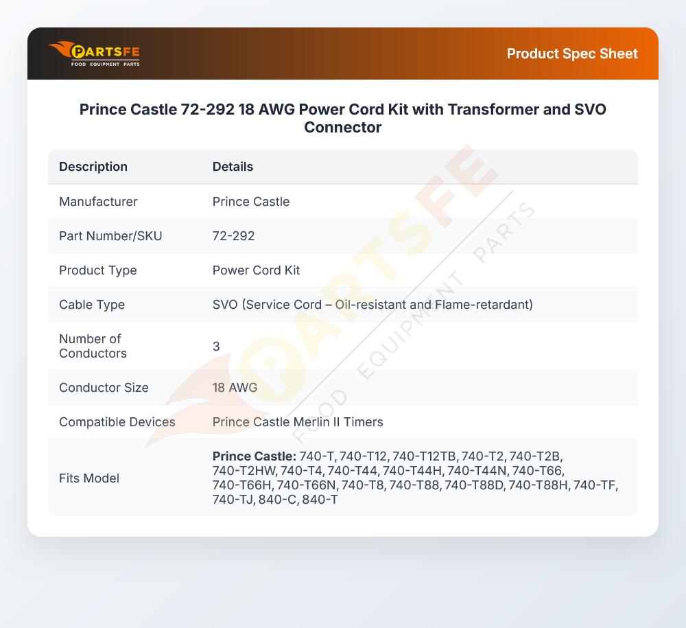 Prince Castle 72-292 Power Cord Kit