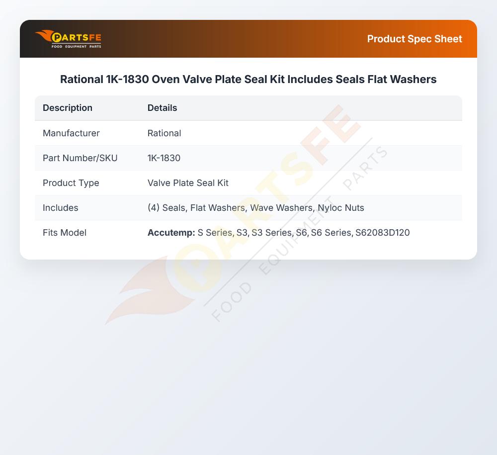 Rational 1K-1830 Oven Valve Plate Seal Kit Includes Seals Flat Washers