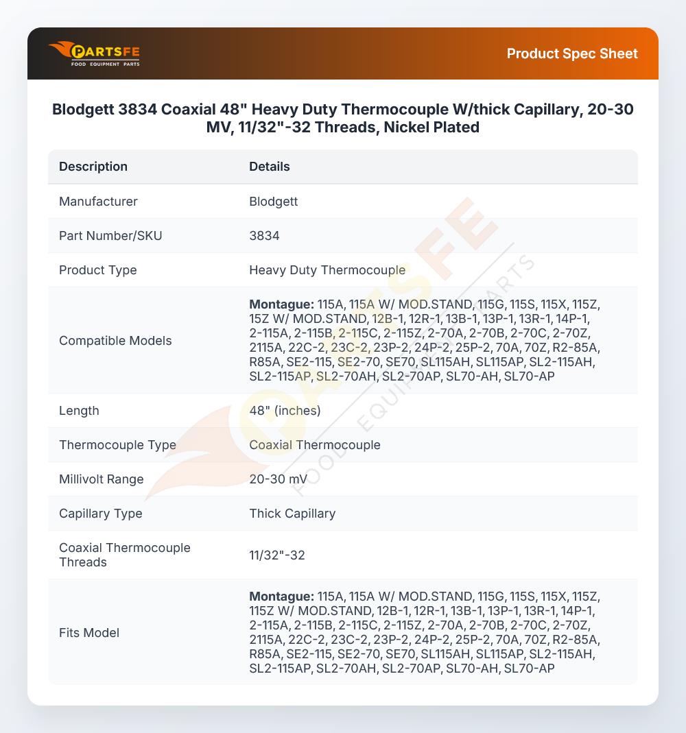 Blodgett 3834 Coaxial 48" Heavy Duty Thermocouple W/thick Capillary, 20-30 MV, 11/32"-32 Threads, Nickel Plated
