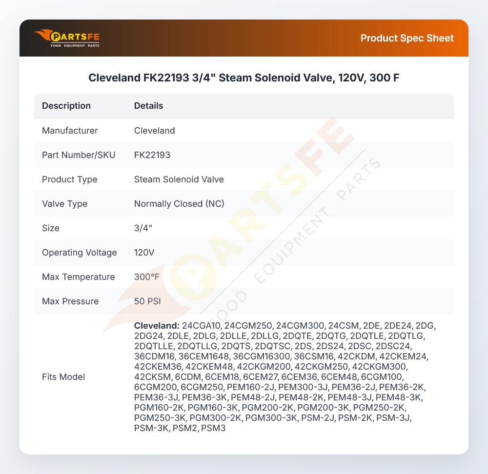 Cleveland FK22193 Convection Steamer Steam Solenoid Valve 3/4" 120V