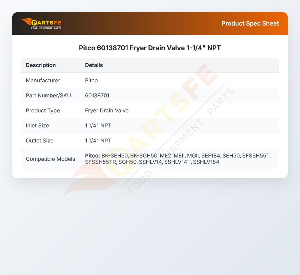 Pitco 60138701 Fryer Drain Valve 1-1/4" NPT