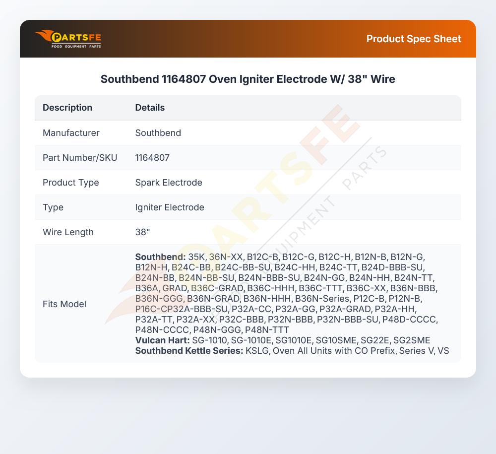 Southbend 1164807 Range Igniter Electrode W/Wire 38"
