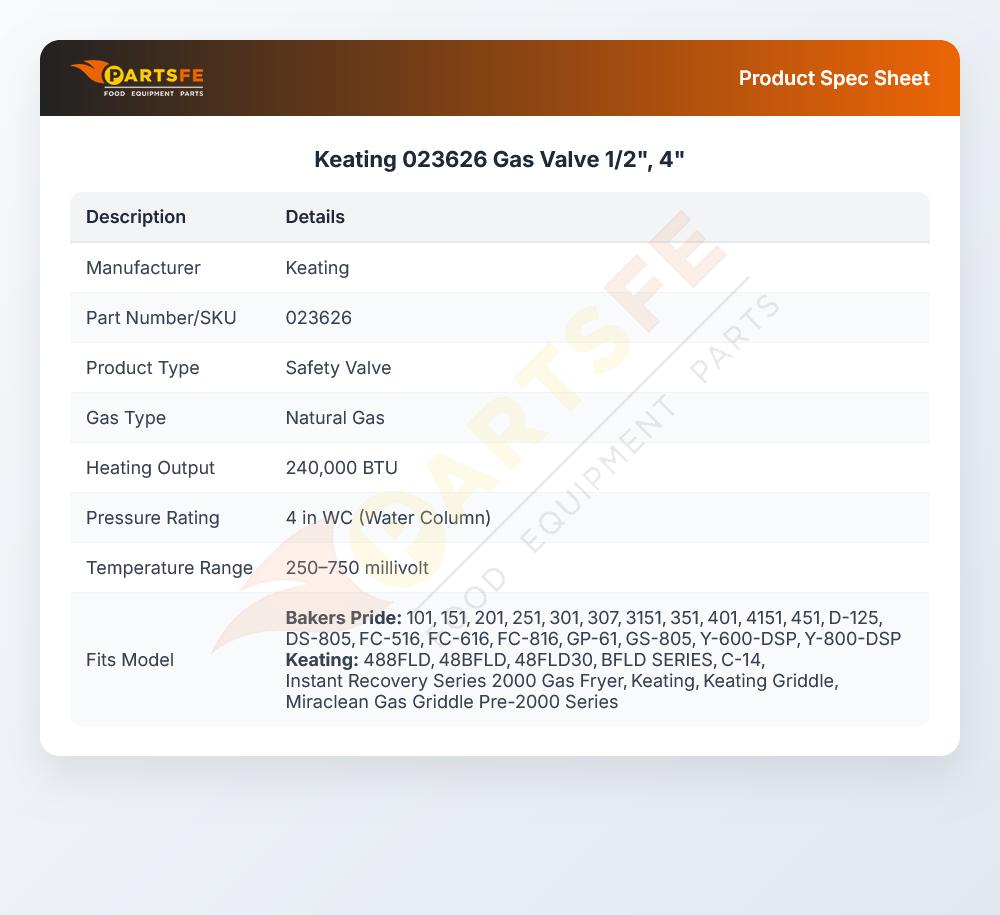 Keating 023626 Gas Valve 1/2" 4"WC
