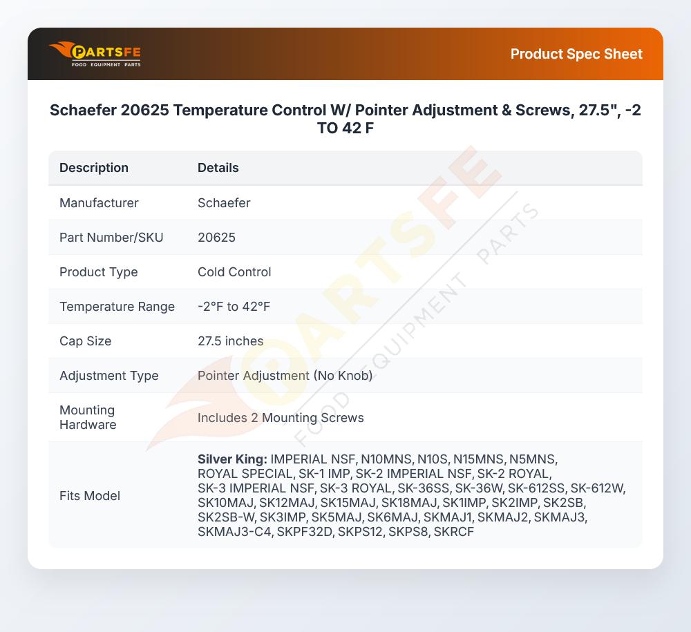 Schaefer 20625 Temperature Control W/  Pointer Adjustment & Screws,  27.5", -2 TO 42 F