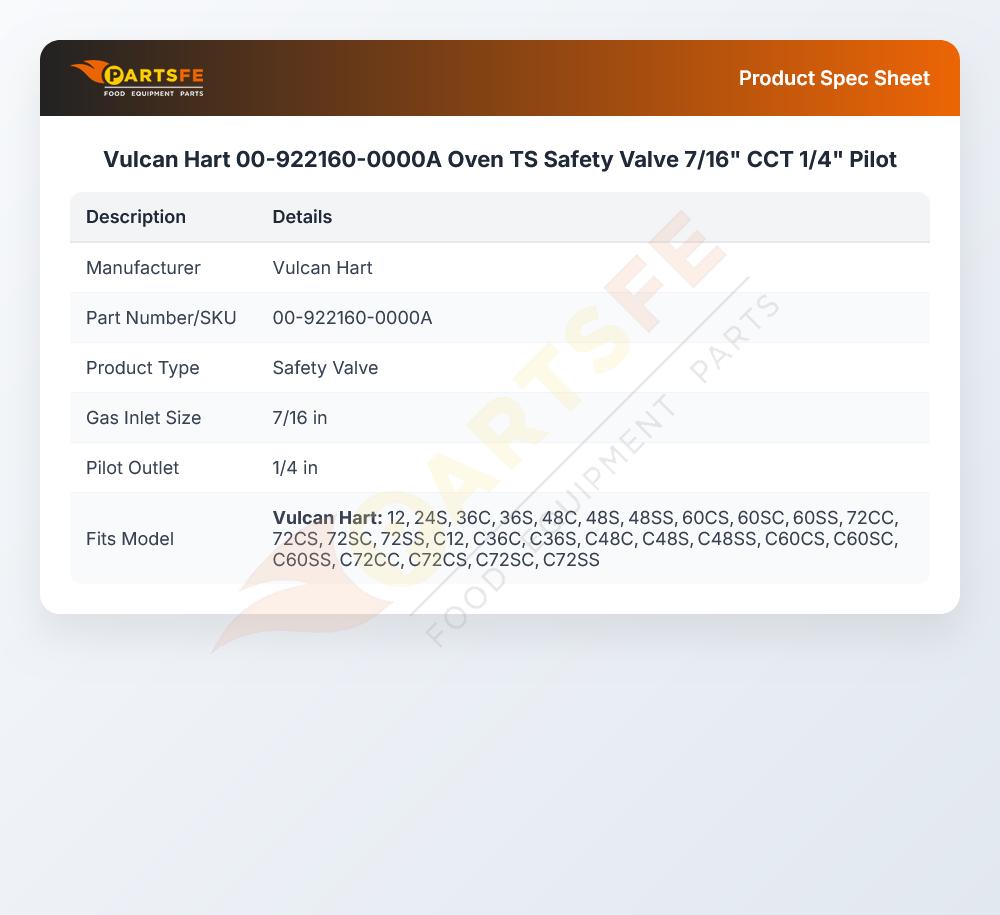 Vulcan Hart 00-922160-0000A Range Gas Safety Valve TS11