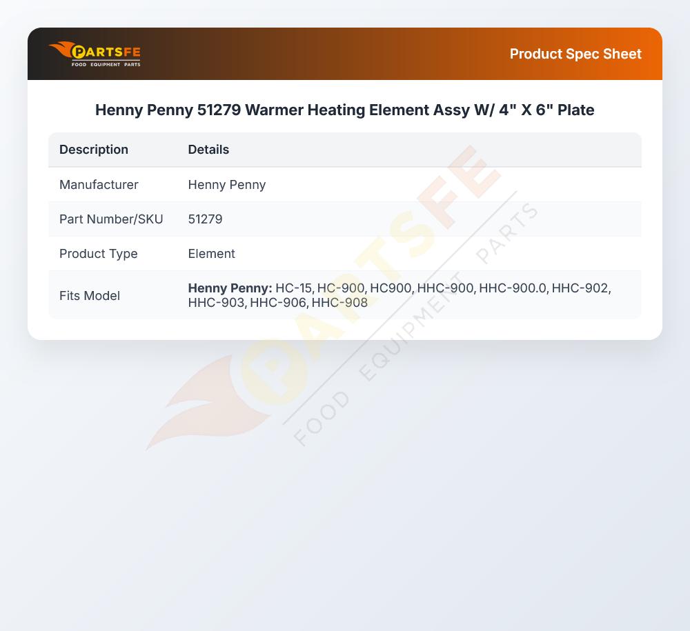 Henny Penny 51279 Holding Cabinet Coil Element W/Mounting Plate 4" X 6" 1000W 120V