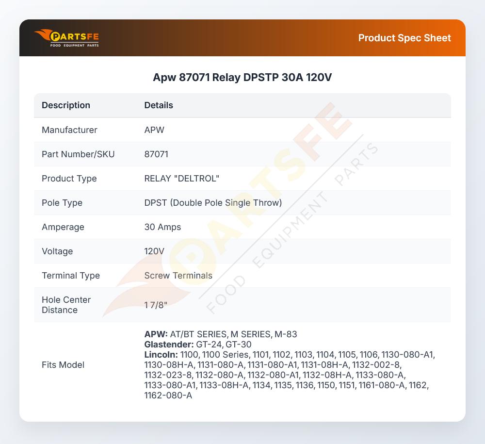 Apw 87071 Relay DPSTP 30A 120V