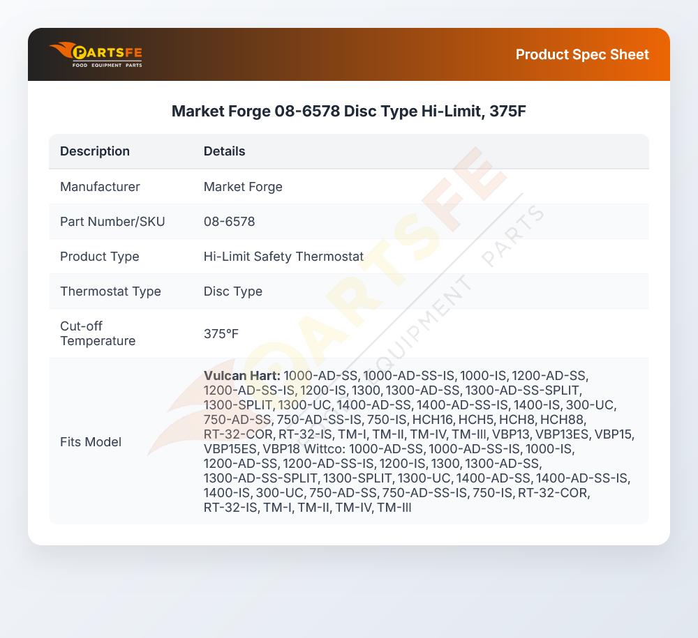 Market Forge 08-6578 High-Limit Thermostat Disc 375&deg;F