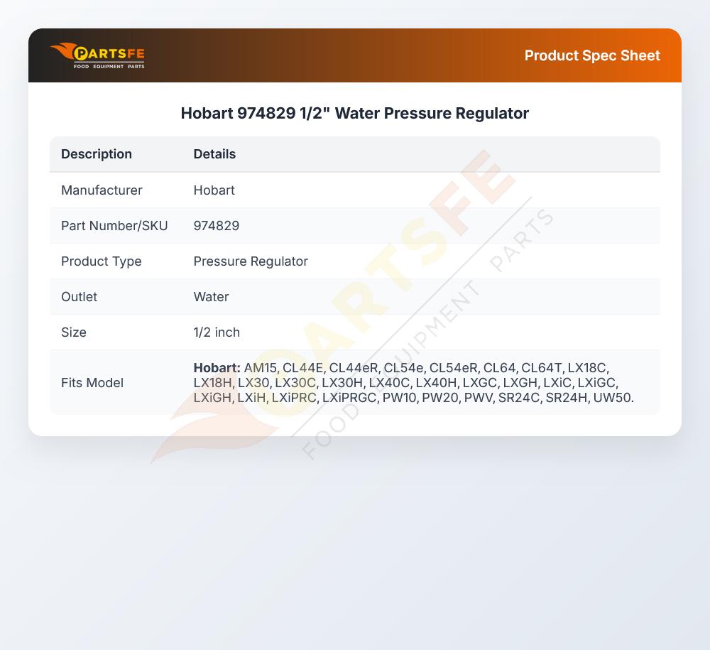 Hobart 974829 Water Pressure Regulator 1/2"