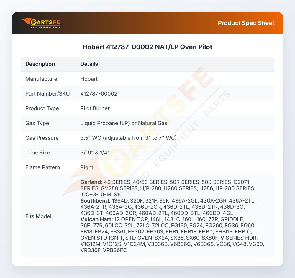 Hobart 412787-00002 NAT/LP Oven Pilot