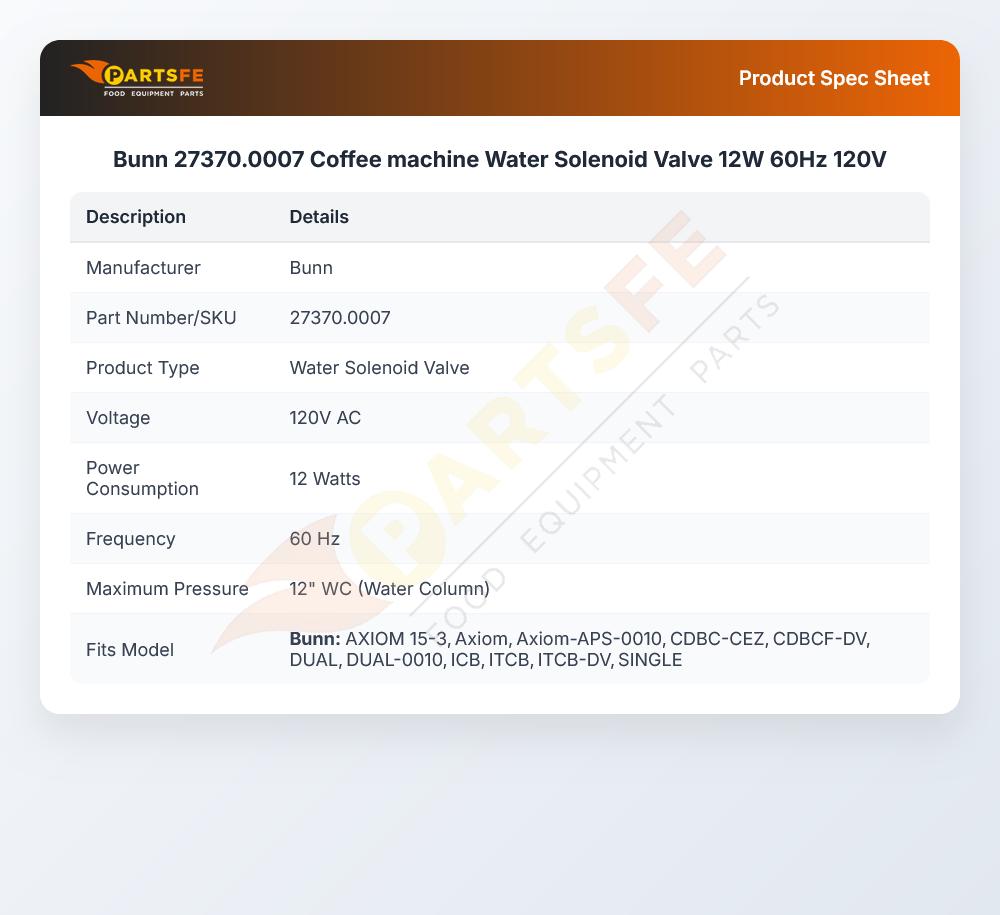Bunn 27370.0007 Coffee Machine Water Solenoid Valve 12W 120V 60Hz