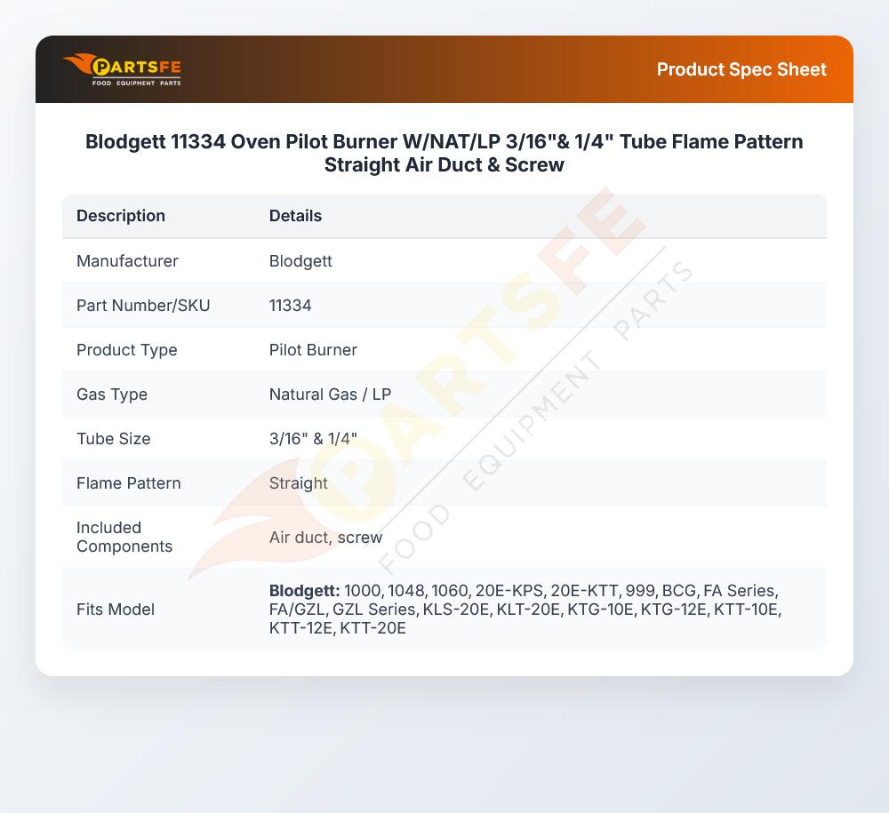 Blodgett 11334 Oven Pilot Burner W/NAT/LP 3/16"& 1/4" Tube Flame Pattern Straight Air Duct & Screw