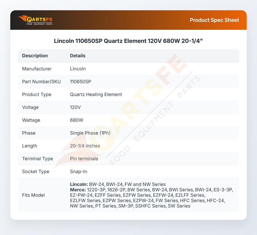 Lincoln 110650SP Quartz Element 120V  680W   20-1/4"