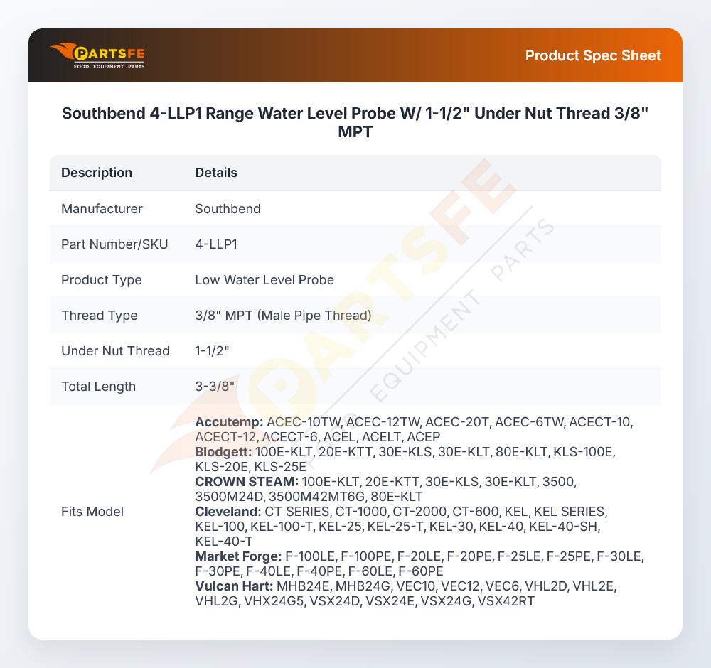 Southbend 4-LLP1 Range Water Level Probe W/ 1-1/2" Under Nut Thread 3/8" MPT