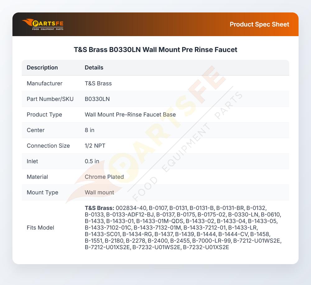 T&S Brass B0330LN Wall Mount Pre-Rinse Faucet Base 8"
