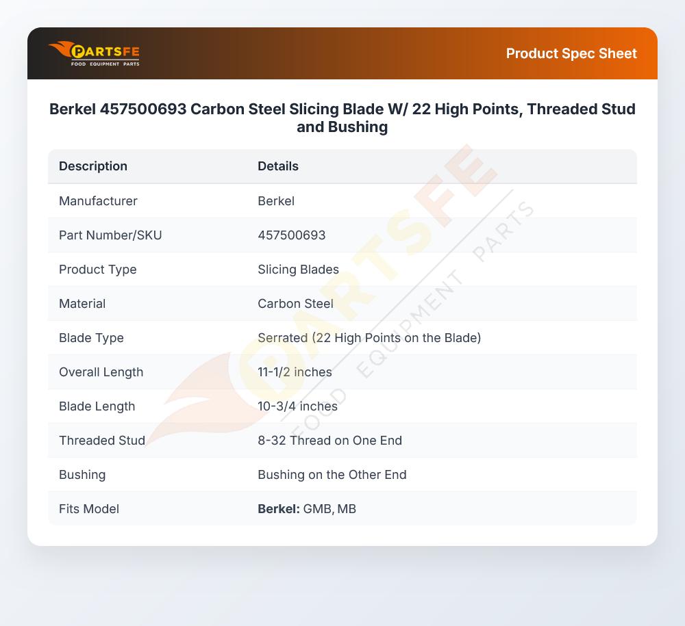 Berkel 457500693 Carbon Steel Slicing Blade W/ 22 High Points, Threaded Stud and Bushing