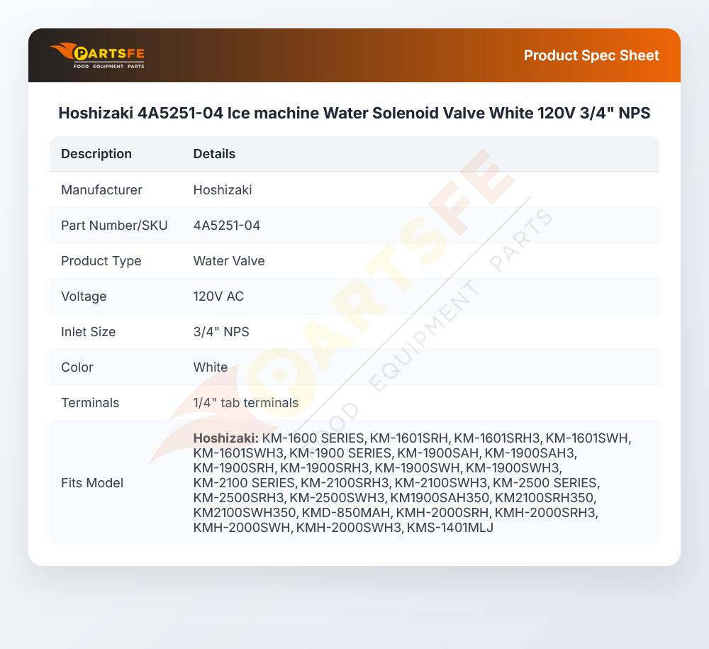 Hoshizaki 4A5251-04 Ice machine Water Solenoid Valve White 120V 3/4" NPS