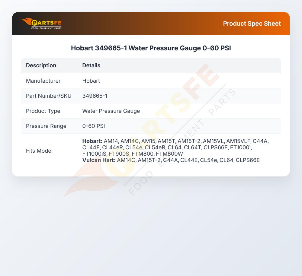 Hobart 349665-1 Water Pressure Gauge 0-60 PSI