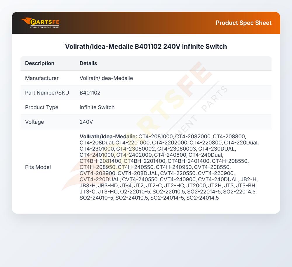 Vollrath/Idea-Medalie B401102 Conveyor Toaster Infinite Switch 240V