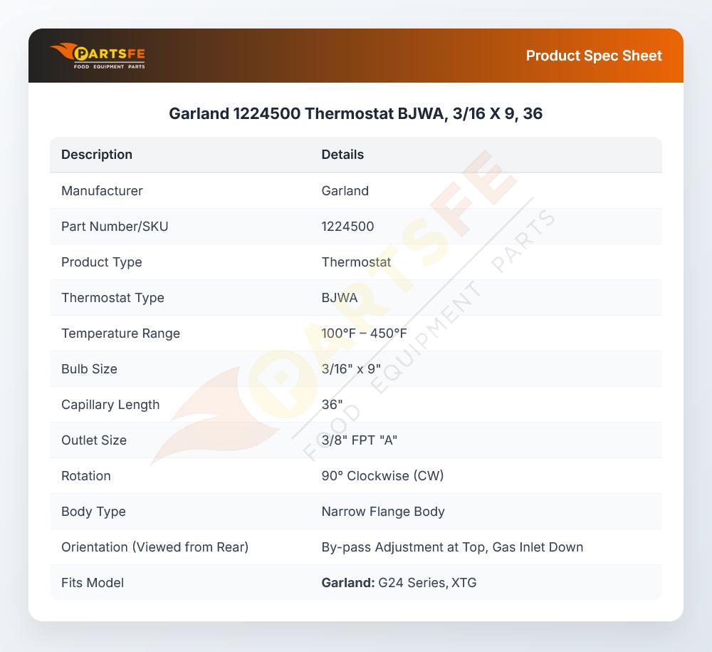 Garland 1224500 Thermostat BJWA 3/16" X 9" 36" Capillary