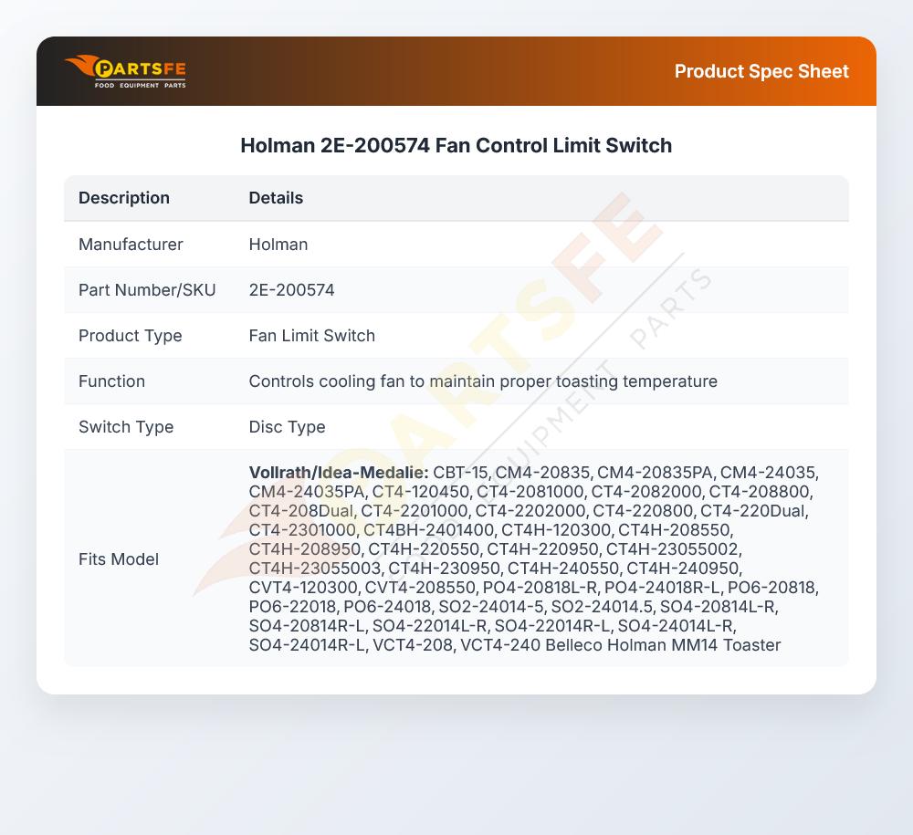 Holman 2E-200574 Fan Control Limit Switch
