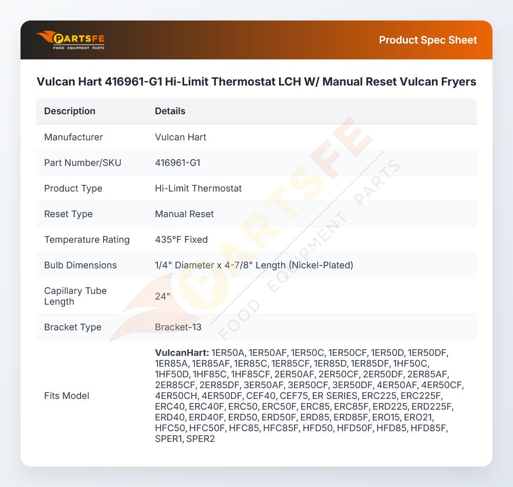 Vulcan Hart 416961-G1 Hi-Limit Thermostat LCH W/ Manual Reset Vulcan Fryers