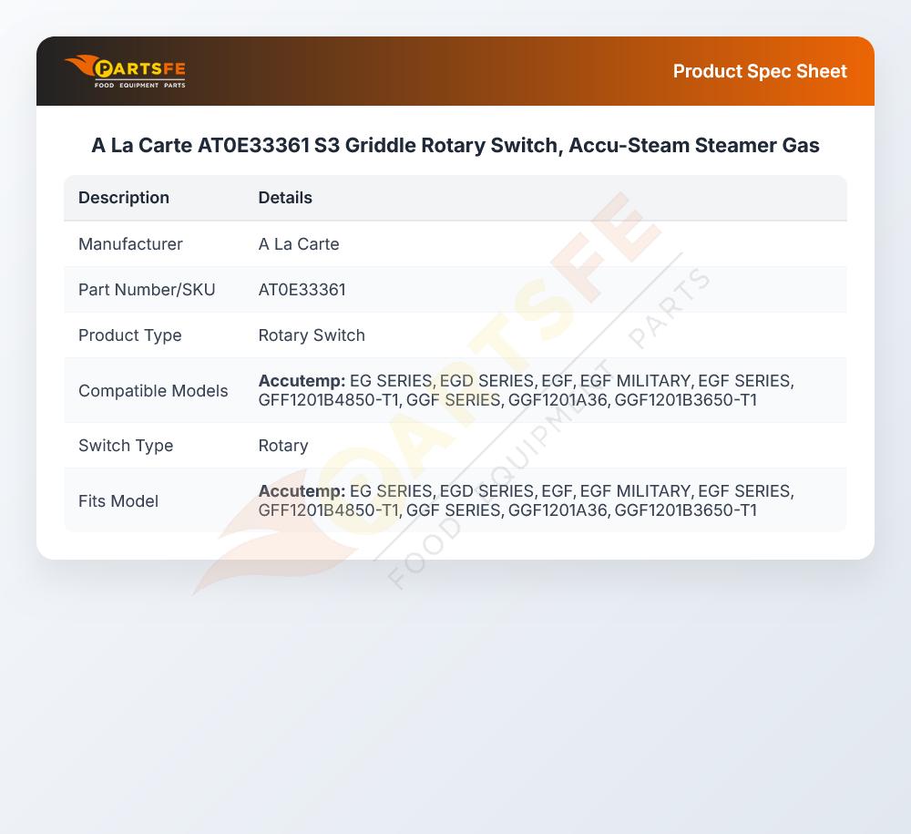 A La Carte AT0E33361 S3 Griddle Rotary Switch, Accu-Steam Steamer Gas