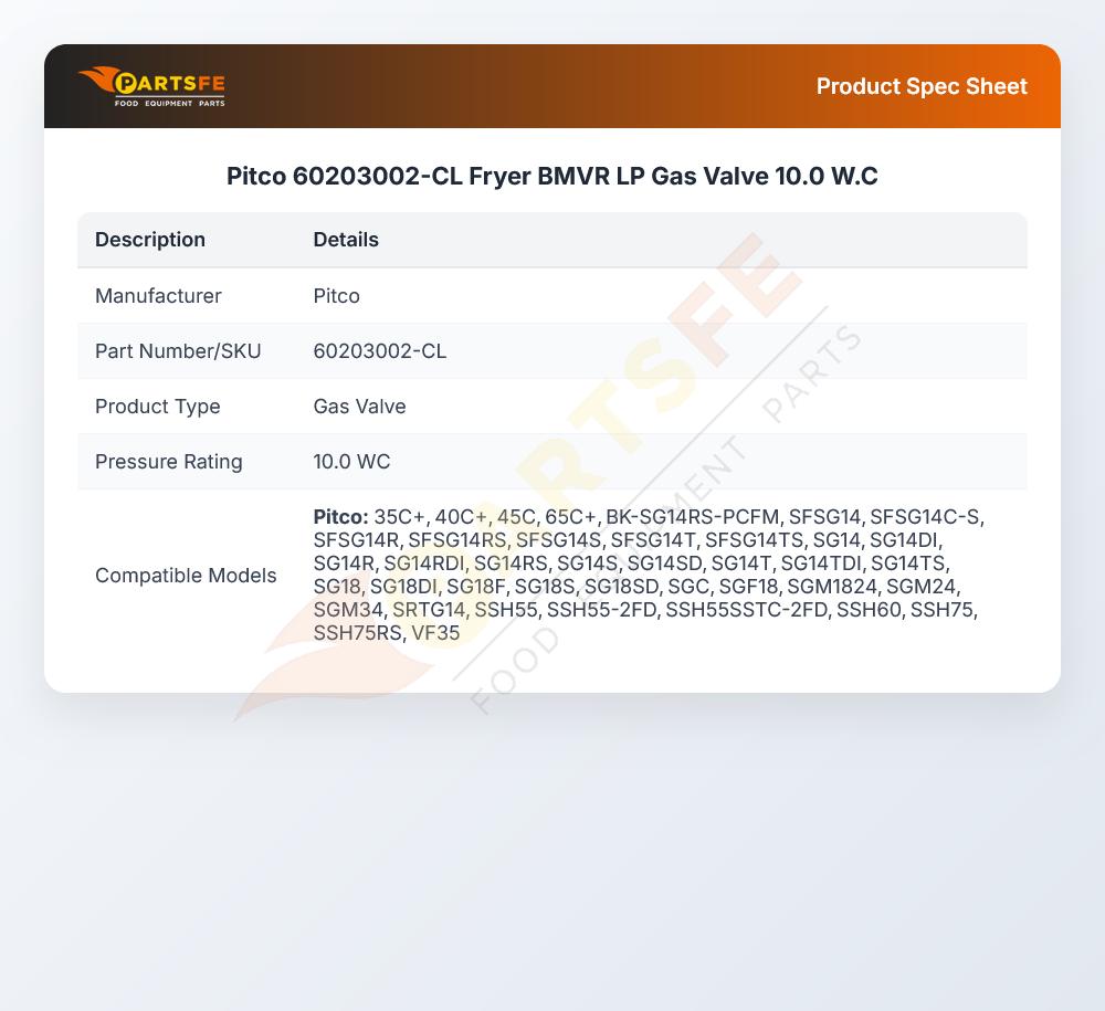 Pitco 60203002-CL Fryer LP Gas Valve 10.0"WC BMVR