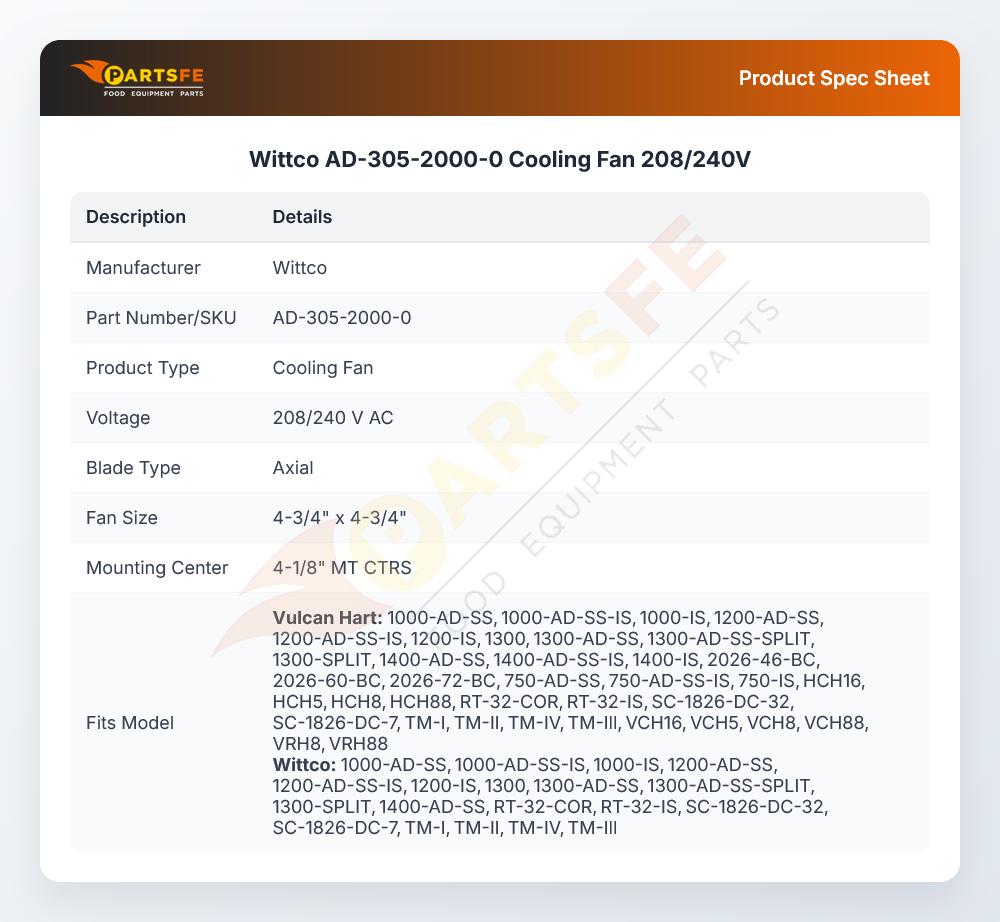 Wittco AD-305-2000-0 Cooling Fan 208/240V