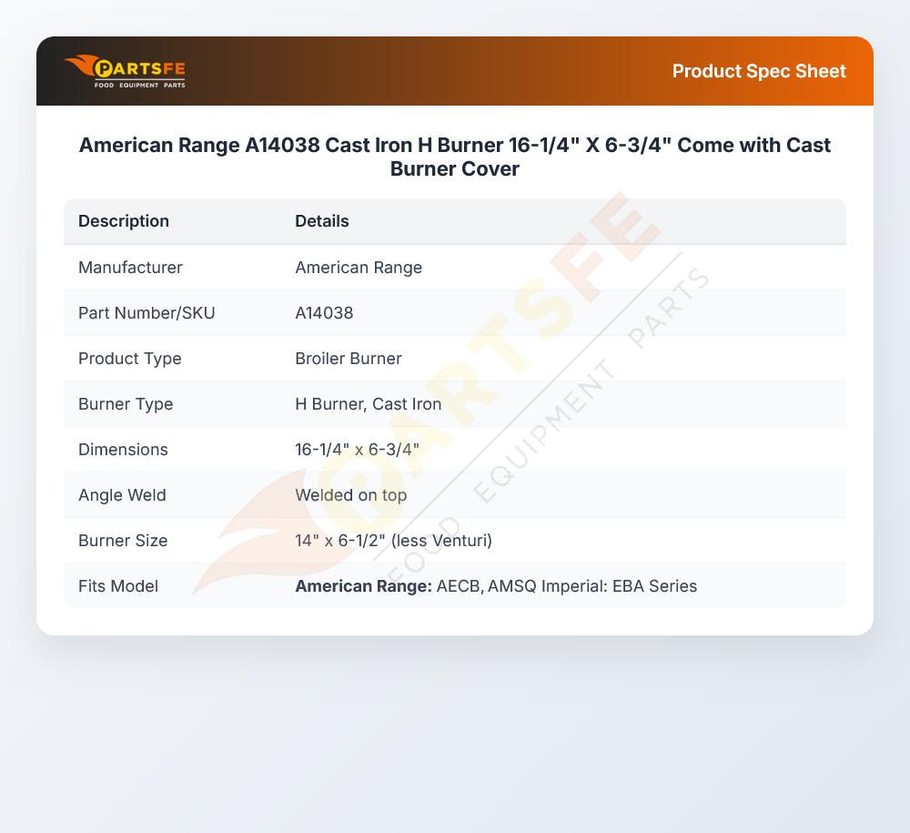 American Range A14038 Cast Iron H Burner 16-1/4" X 6-3/4" Come with Cast Burner Cover