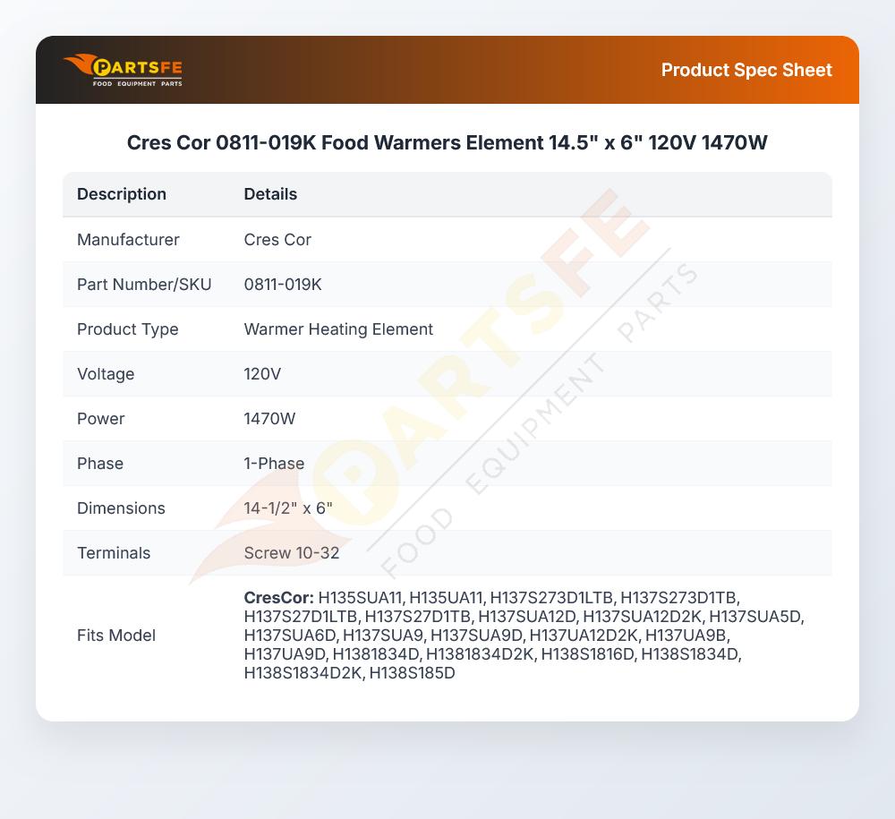 Cres Cor 0811-019K Food Warmers Element 14.5" x 6" 120V 1470W