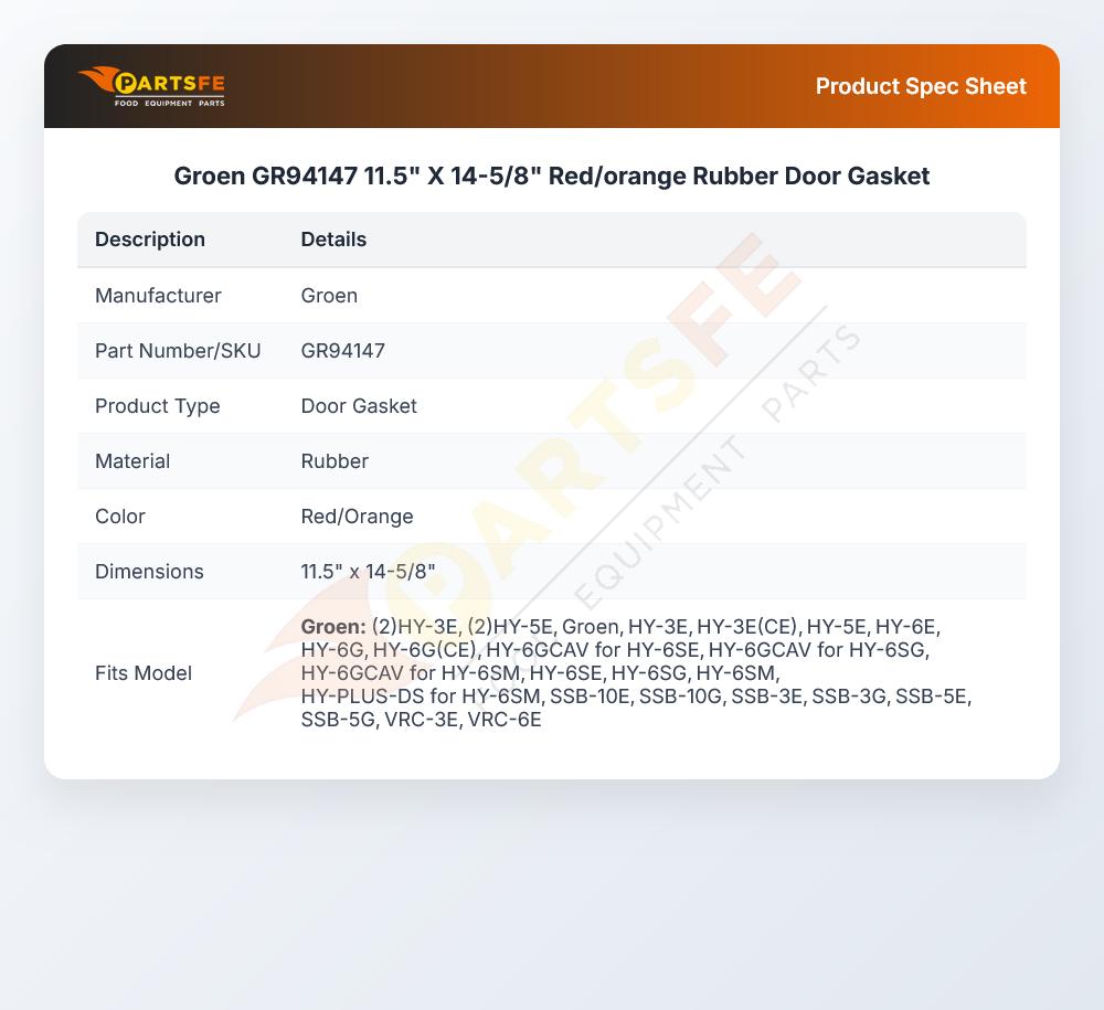 Groen GR94147 11.5" X 14-5/8"  Red/orange Rubber Door Gasket