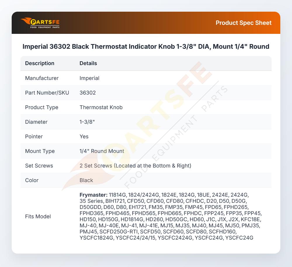 Imperial 36302 Black Thermostat Indicator Knob 1-3/8" DIA, Mount 1/4" Round