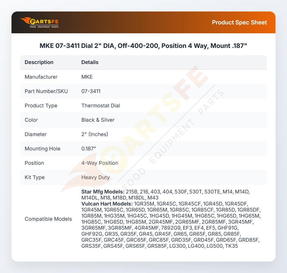 MKE 07-3411 Dial 2" DIA, Off-400-200, Position 4 Way, Mount .187"
