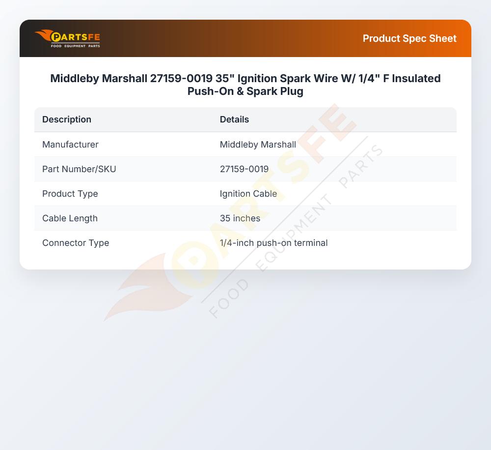Middleby Marshall 27159-0019 35" Ignition Spark Wire W/ 1/4" F Insulated Push-On & Spark Plug