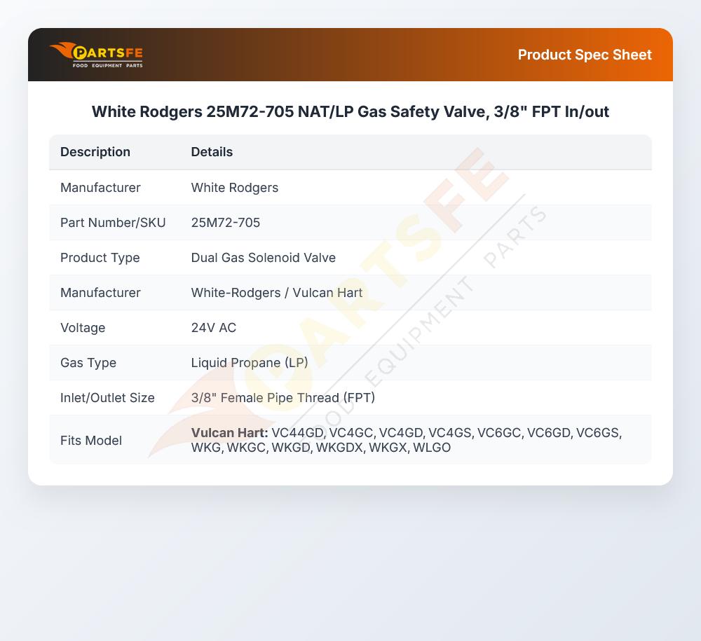 White Rodgers 25M72-705 NAT/LP  Gas Safety Valve, 3/8" FPT In/out