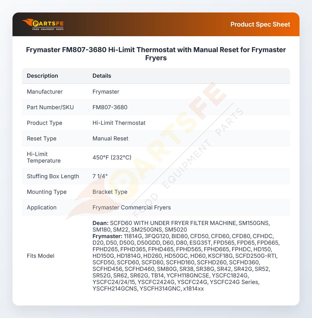 Frymaster FM807-3680 Hi-Limit Thermostat with Manual Reset for Frymaster Fryers