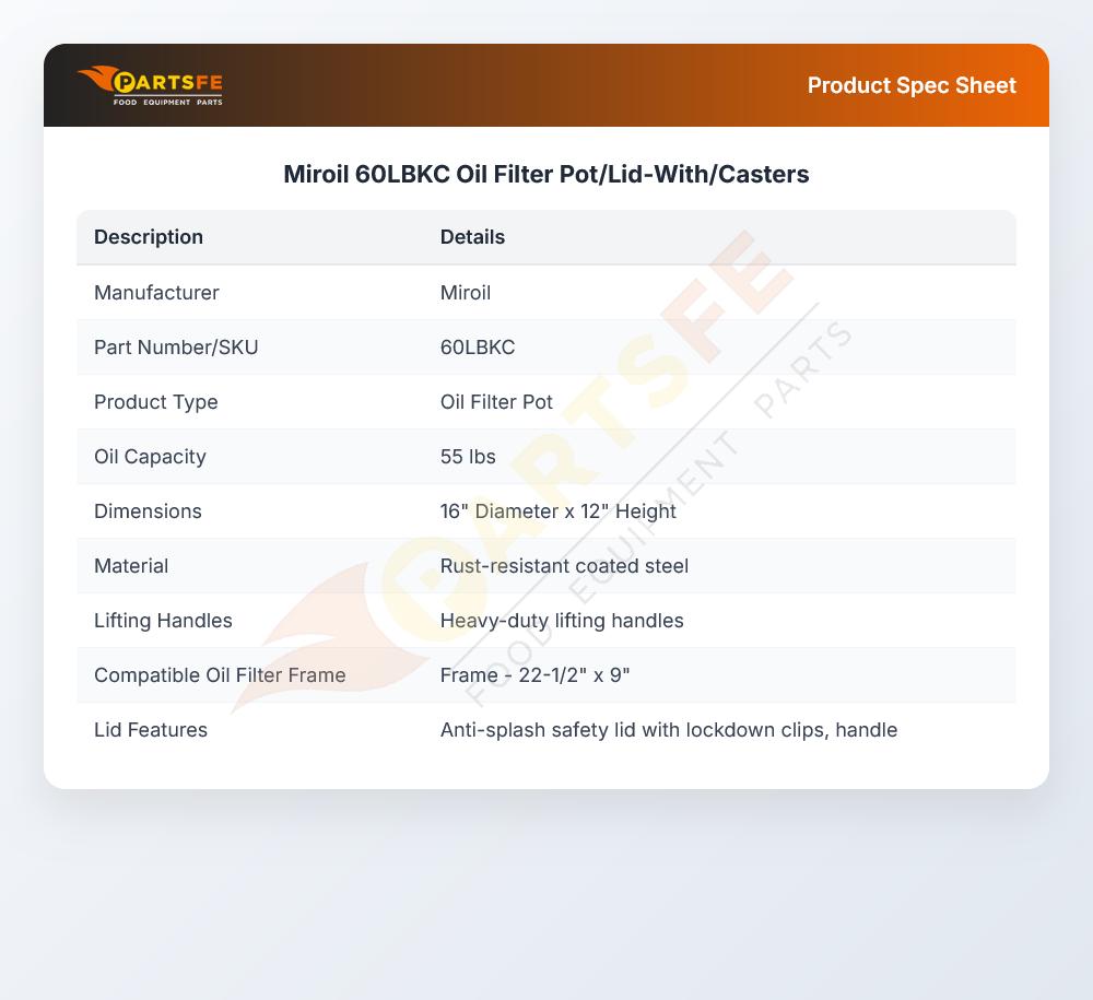 Miroil 60LBKC Oil Filter Pot/Lid-With/Casters