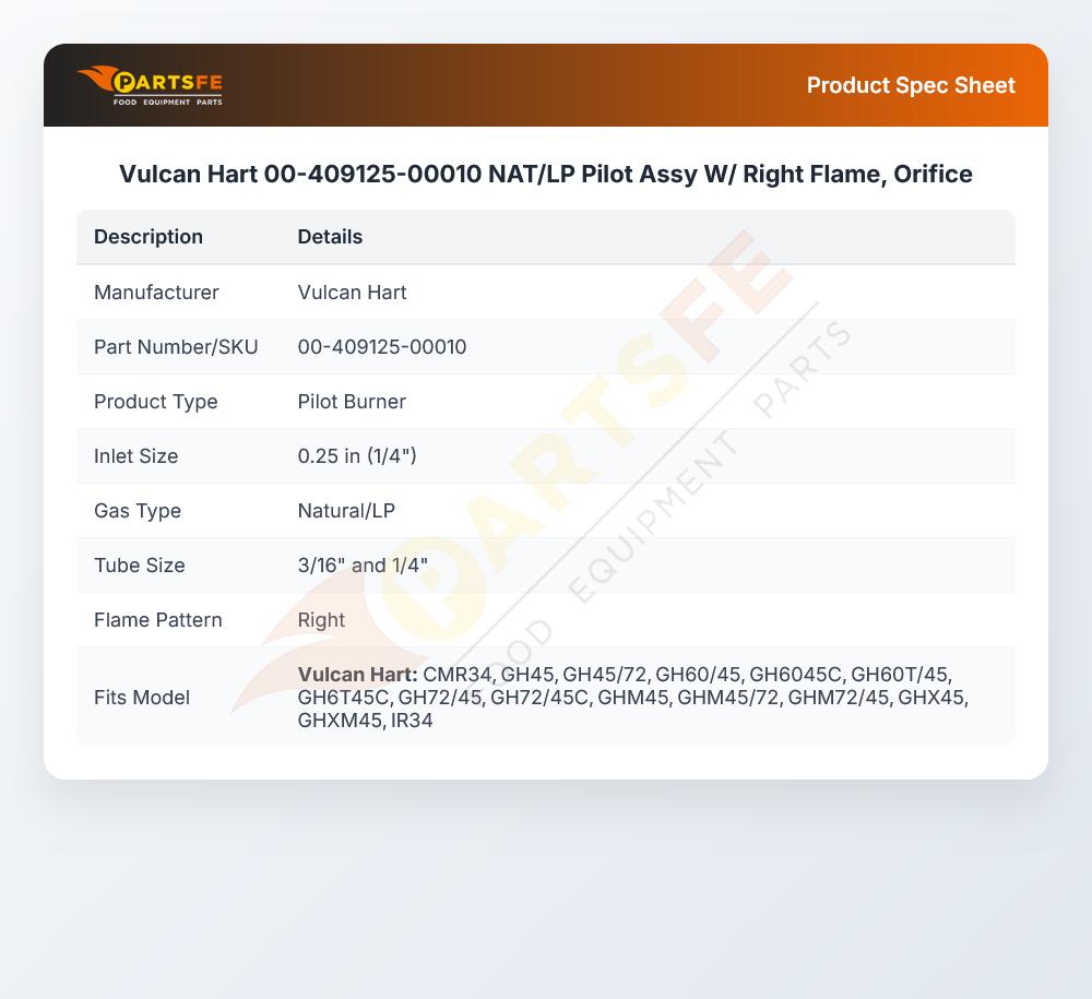 Vulcan Hart 00-409125-00010 NAT/LP Pilot  Assy W/ Right Flame, Orifice