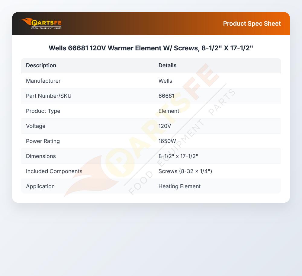 Wells 66681 120V Warmer Element W/ Screws, 8-1/2" X 17-1/2"