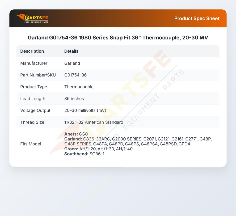 Garland G01754-36 Thermocouple Snap Fit 36" 20-30mV 1980 Series