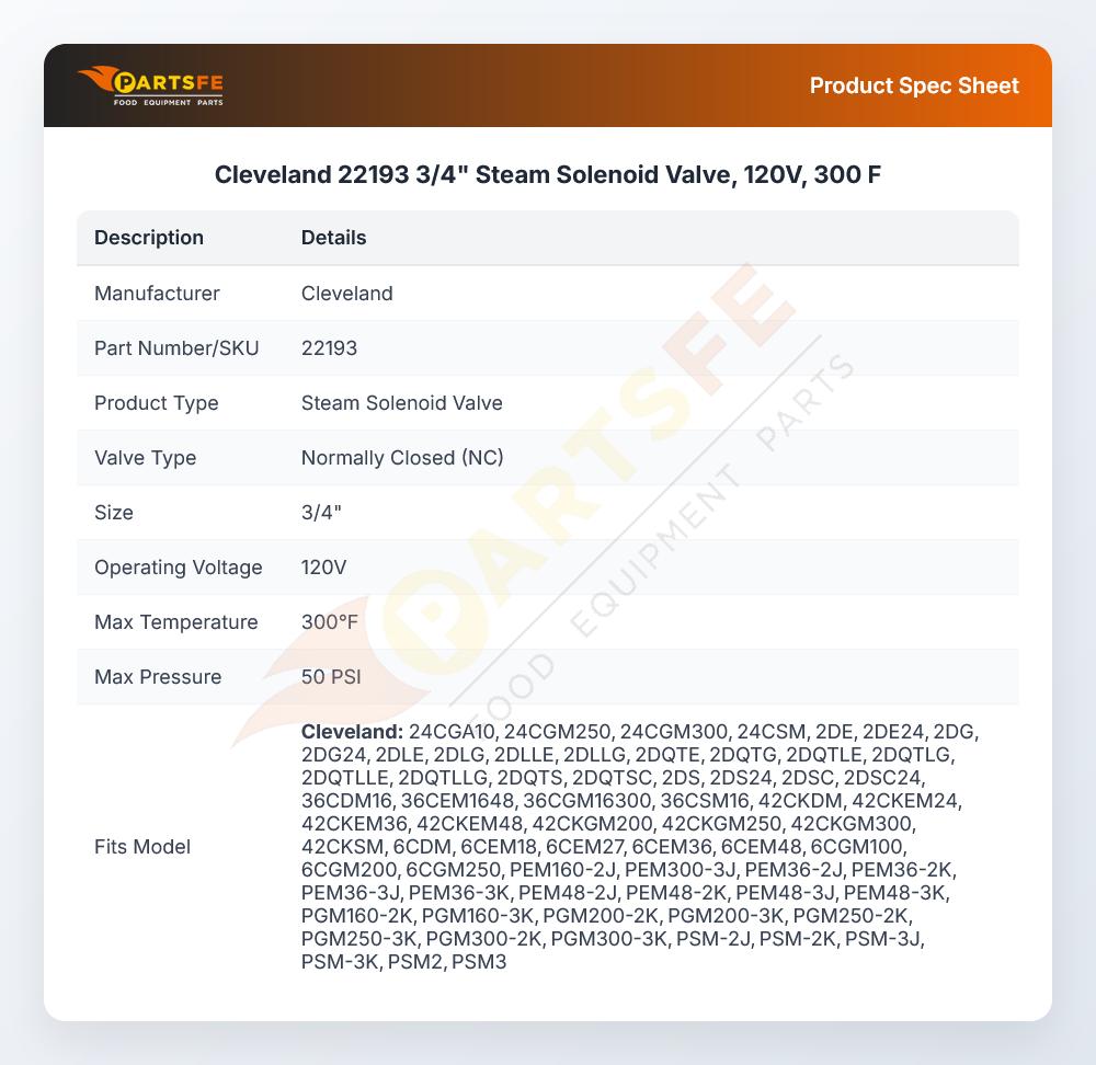Cleveland 22193 Convection Steamer Steam Solenoid Valve 3/4" 120V